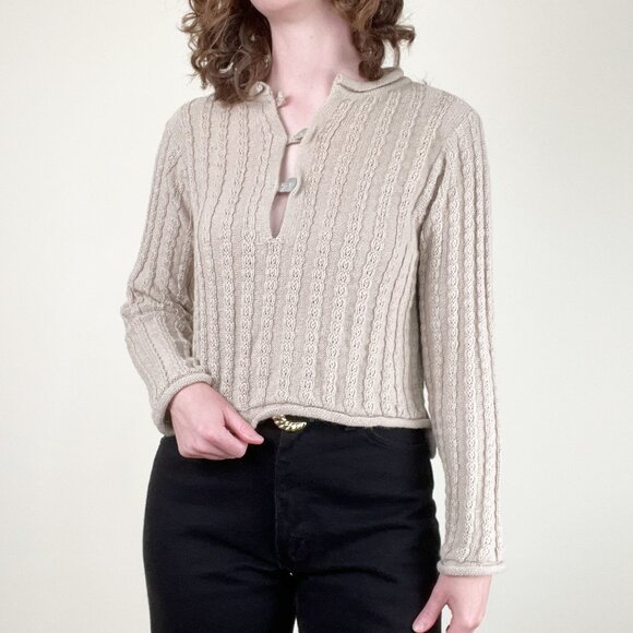 Vintage 100% Alpaca Wool Cable Knit Cropped Sweater Crop Quiet Luxury Rustic Y2K - Picture 5 of 8